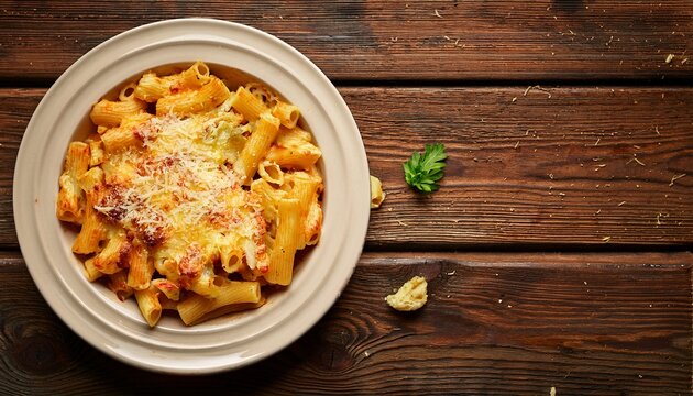 a warm toned flat lay of baked ziti breadcrumbs and melted cheese crust vintage wooden table backdrop