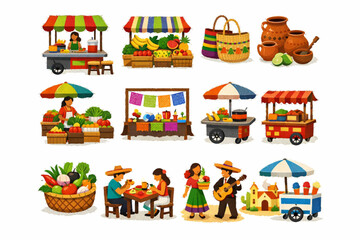 Naklejka premium Mexican Daily Life Icon Set with Street Markets, Fruit Stands, Clay Jars, and Artisan Stalls in Torn Vector Style