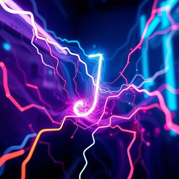 Abstract neon 'J' shimmers with electric arcs, its form constantly shifting in a data-rich, cybernetic landscape Macro captures fluidity ,  tech,  cyberpunk