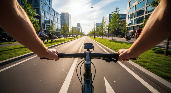 Cycling Down Urban Bike Lane on Sunny Day with Cityscape