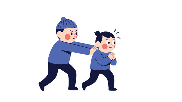 Bullying illustration: Angry person pushing scared individual from behind. Harassment and conflict concept.