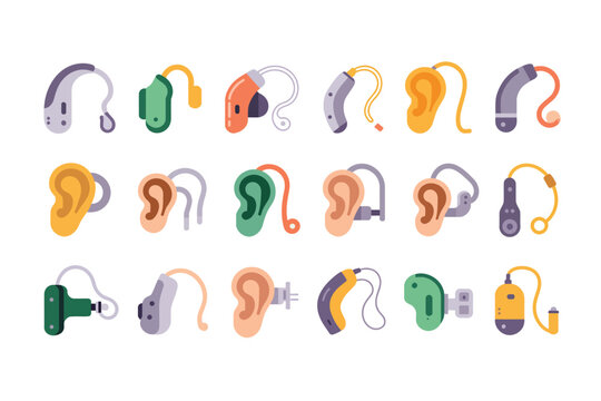 Collection of diverse hearing aids and ear molds for hearing loss solutions