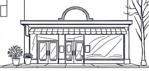 Fototapeta premium Simple line drawing of a storefront building with a sign, shop, sell