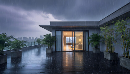 Fototapeta premium Rooftop terrace apartment raining with city skyline view