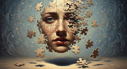Surreal Portrait of a Womans Face Deconstructing into Puzzle Pieces.