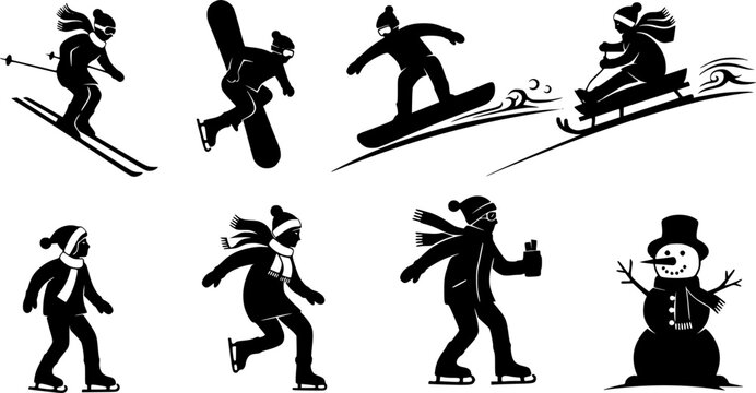 Winter activity silhouette vector illustration, skiing, snowboarding, sledding, skating, snowman building, outdoor fun, seasonal sports clipart, black figures, cold weather recreation