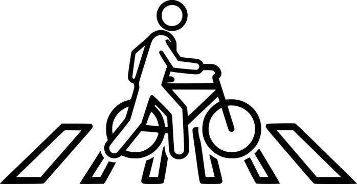 Pedestrian and Bicycle Crossing: A simple yet powerful icon representing a person walking and pushing a bicycle across a crosswalk. Emphasize safe pedestrian and cyclist interaction.