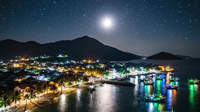 Beautiful night view of a vibrant coastal town under a starry sky