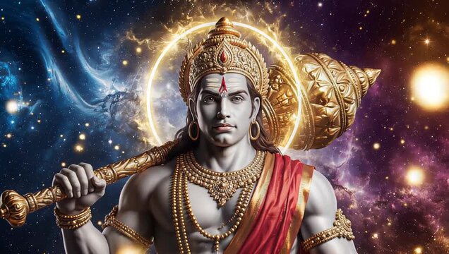 Hanuman jayanti Lord Hanuman holding golden mace in cosmic space