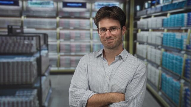 Man wearing glasses with arms crossed standing in a building aisle of stacked shelves and packaged goods; confidence.