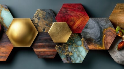 Close up abstract of modern wall with hexagonal 3D art piece made of polished gold and dark wood panels with dramatic side lighting and shadows.