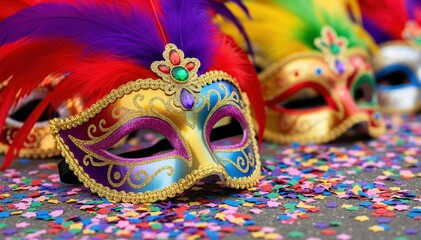 Carnival Mask: Intricately designed masks adorned with vibrant feathers and embellishments create a festive atmosphere, evoking the spirit of celebration and mystery, with a scattering of confetti.