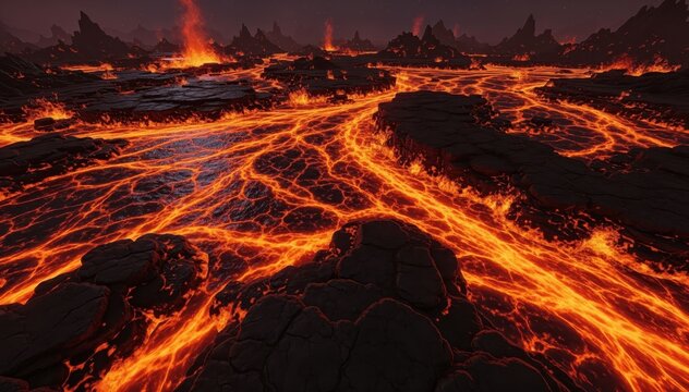 Molten Majesty: Witness the raw, untamed power of nature as rivers of molten lava flow across a desolate, ashen landscape, a fiery spectacle of Earth's primal forces.