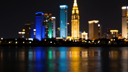 Fototapeta premium City Lights on the Horizon: Capturing a mesmerizing night view of a modern cityscape, where the vibrant lights of towering buildings reflect in the tranquil water.
