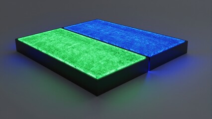 Fototapeta premium Illuminated blocks in the dark: Glowing rectangular blocks in shades of blue and green, set against a dark backdrop, creating an abstract and mesmerizing effect.