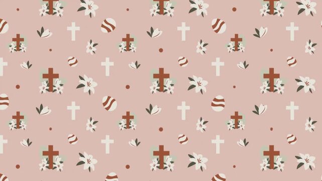 Religious Easter pattern with brown crosses and floral details on a soft tan background.