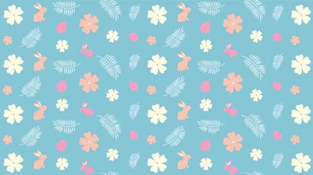 Soft blue Easter pattern with white bunnies and pastel yellow flowers for a spring garden feel.