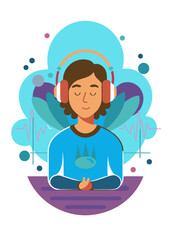 Fototapeta premium Illustration of a person wearing headphones practicing relaxation pain relief techniques with a serene background featuring sound waves and abstract shapes in calming colors