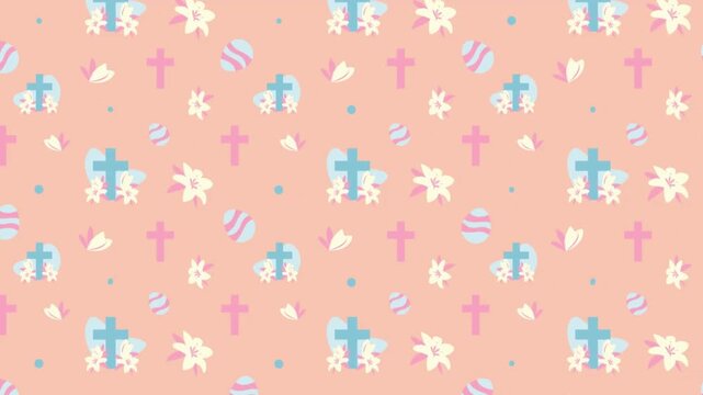 Delicate religious Easter pattern with crosses and spring flowers on a soft peach background