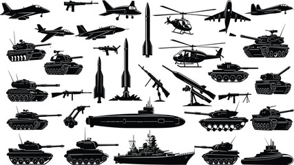 Military vehicle silhouettes set including tanks fighter jets helicopters warships submarines missiles and firearms for army defense and war concept © Sahariya