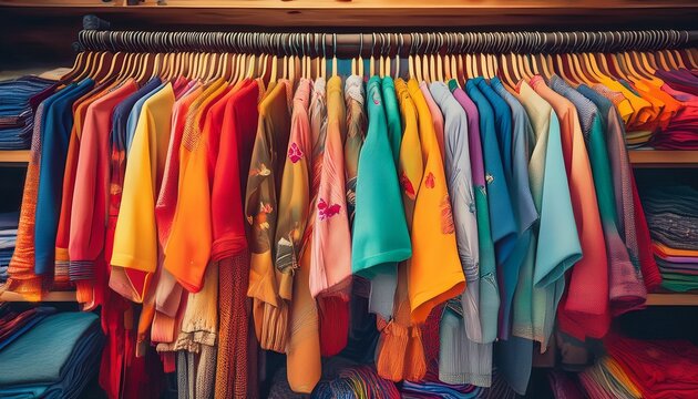 close up of colorful clothes in second hand clothing shop charity shop thrift store street market generative ai