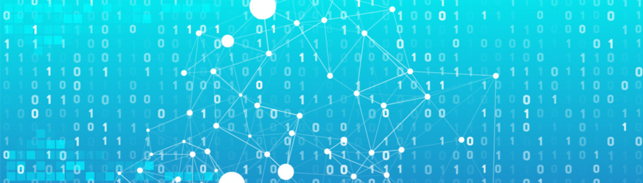 Abstract technology background with a stream of binary code numbers 0 and 1. A digital plexus network represents global connection, big data, and AI concepts.