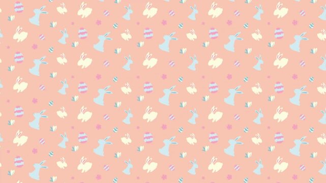 Soft pastel Easter pattern with white bunnies and tiny flowers on a light coral background.