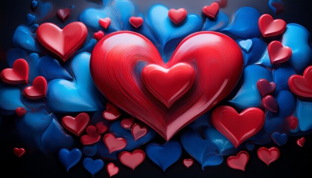 vibrant array of floating red and blue heart shapes against dark backdrop hearts in vibrant red and cool blue hues adrift on a stark black canvas