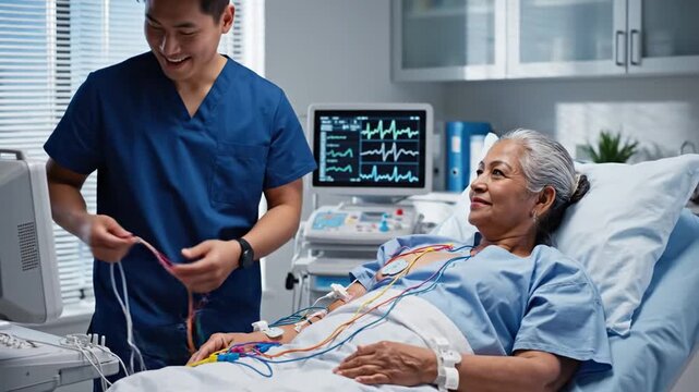 Male medical professional attaches monitoring electrodes to a senior female patient in a hospital bed.