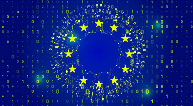 Concept of European Unions digital transformation. EU flag with a network plexus and binary code background representing technology and data.