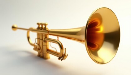 Naklejka premium Gleaming brass trumpet, soft light, white background, still life, simple
