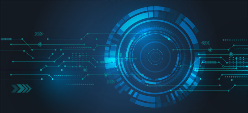 Abstract futuristic technology background with a glowing blue HUD interface and digital circuit board lines. Vector illustration for scifi, data, and network concepts.