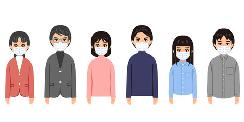 マスクをする人々のイラストセット(私服)