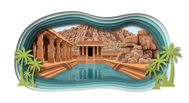Ancient temple pool with palm trees in a desert oasis landscape with rocky hills