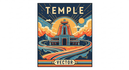 Obraz premium Vibrant temple vector illustration with road sun clouds and mountains conveying travel and adventure
