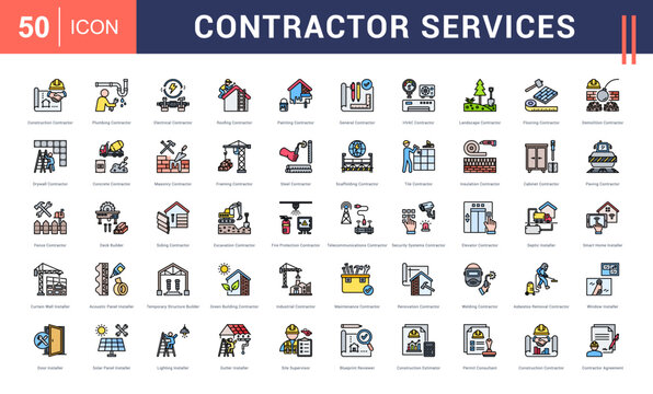 Contractor Services Icon Set. Construction Contractor, Plumbing Contractor, Electrical Contractor, Roofing Contractor, Painting Contractor and more. Flat Line style vector icons collection.
