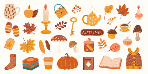 A colorful collection of autumn themed illustrations and cozy seasonal items © Dibyendu