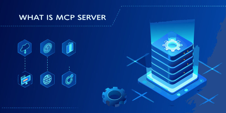 Illustration depicting mcp server technology with icons and a blue color scheme