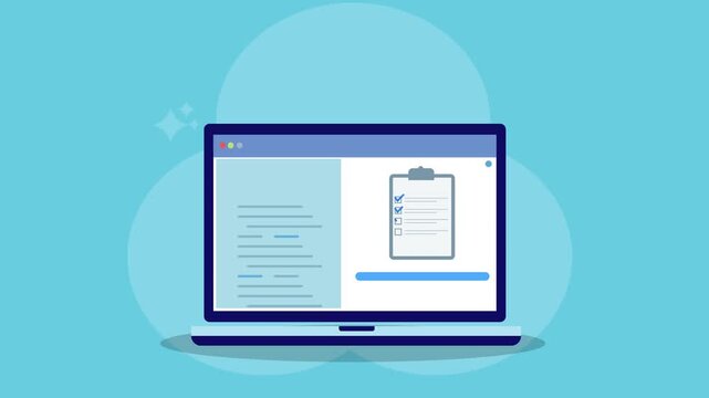 Flat animated illustration of a laptop displaying a digital document report interface with a floating file window, representing online reporting, document management, and modern digital workflow.