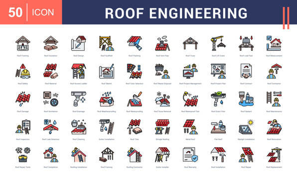 Roof Engineering Icon Set. Roof Framing, Roof Insulation, Roof Design, Roof Scaffold, Roof Flashing and more. Flat Line style vector icons collection.