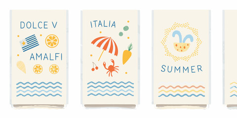 Three illustrated panels depict italian summer themes with vibrant designs