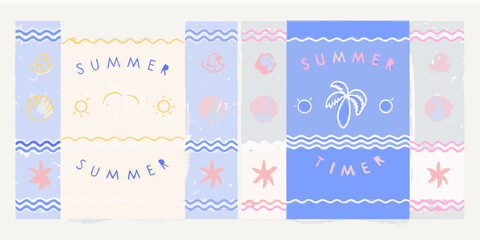 A colorful illustrated summer themed pattern with beach elements