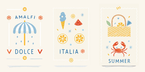 Colorful illustrations depict italian summer themes amalfi dolce vita and more