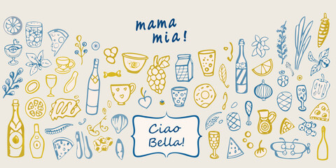 Italian themed doodles featuring food drinks and floral elements