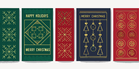 Four festive christmas card designs with geometric patterns and holiday greetings
