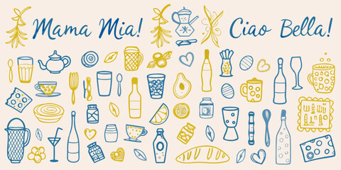 Hand drawn illustrations of italian food drink and celebratory elements