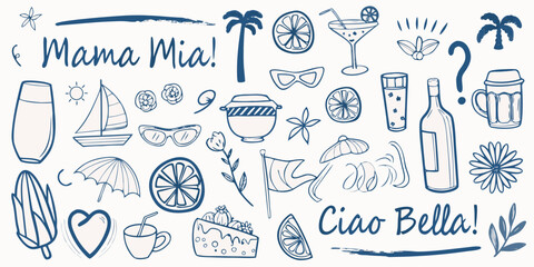 Colorful summer doodles featuring italian phrases and beach themed elements