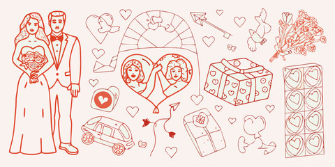 A romantic illustration depicting a wedding and various love themed elements