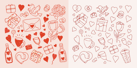 Hand drawn romantic doodles including hearts gifts and celebratory items