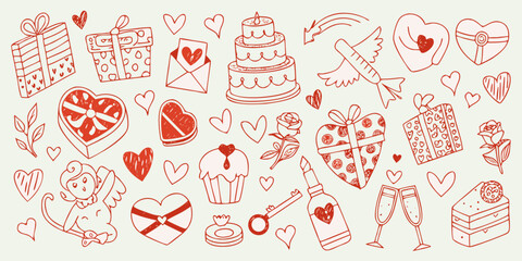 Hand drawn illustration of festive gifts hearts and celebratory items